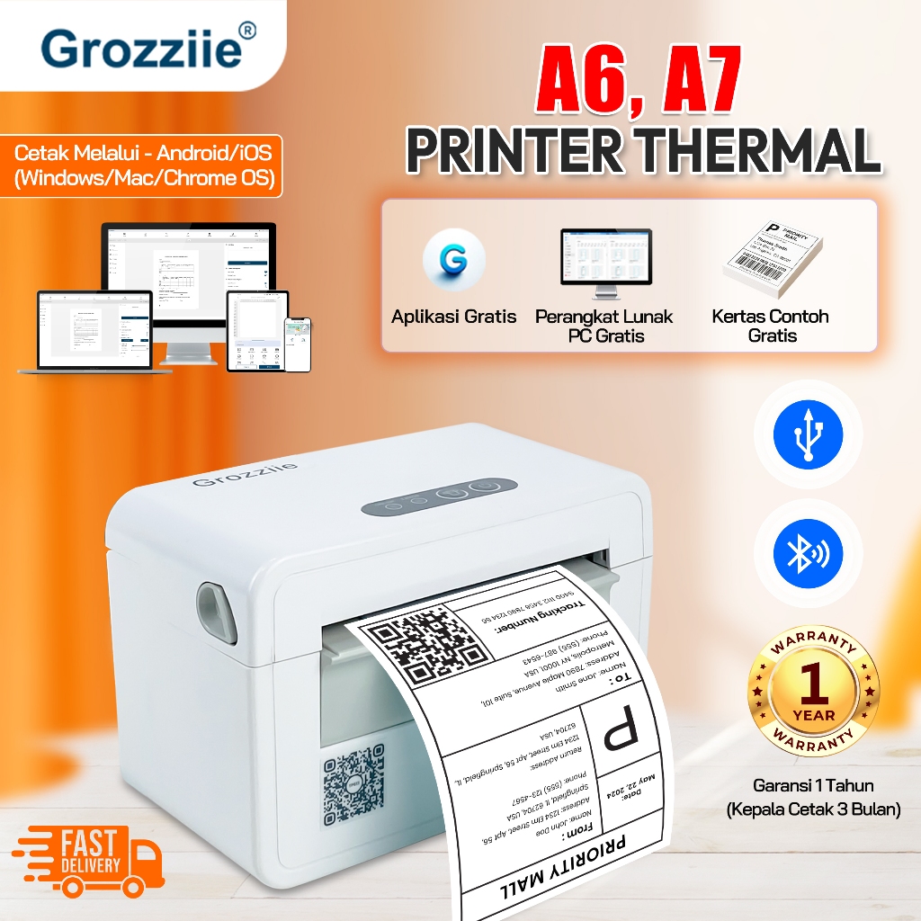 GROZZIIE Printer Thermal Label & Resi | USB + Bluetooth | Kompatibel iOS & Android