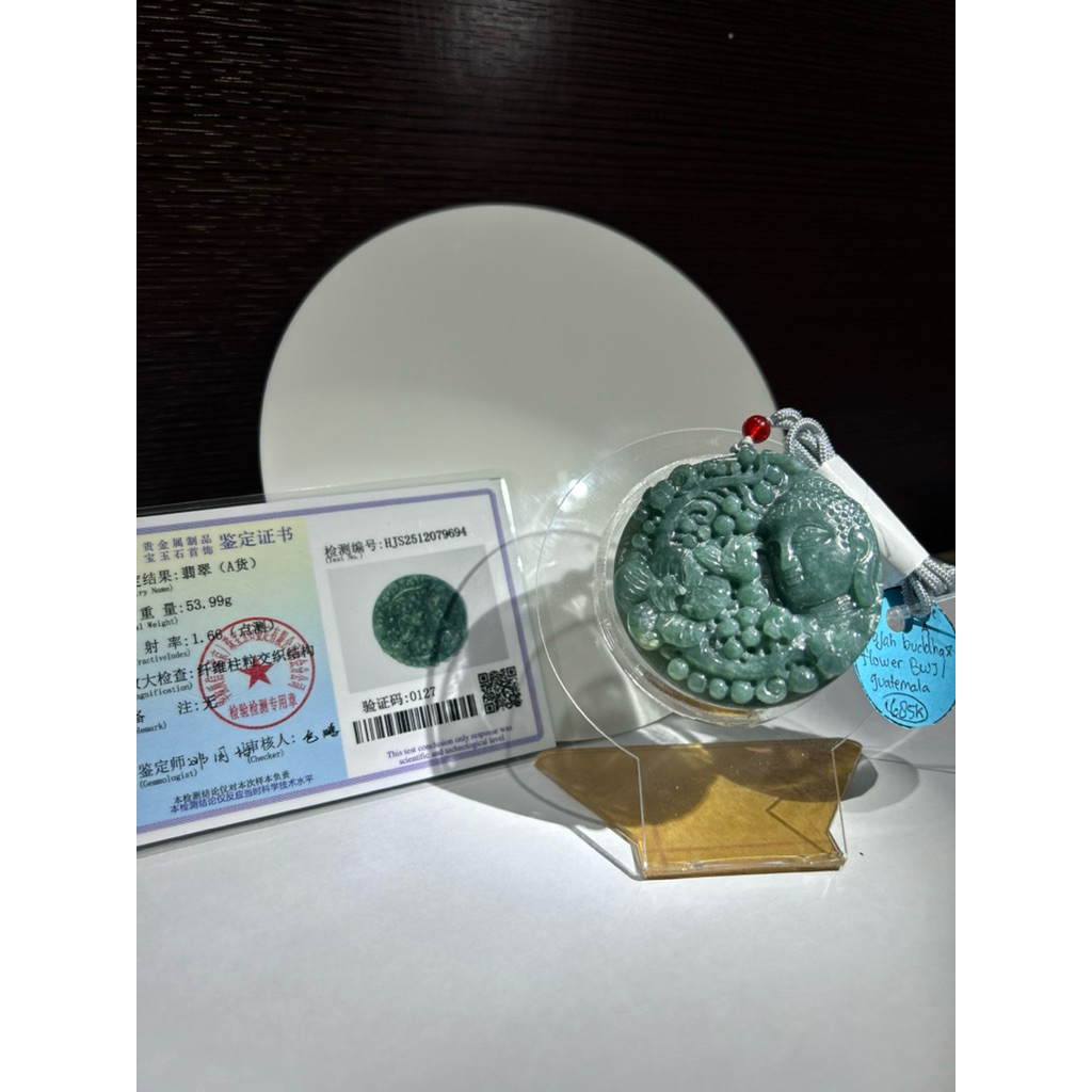 Kalung Liontin Giok Wajah Buddha dan Bunga BWJ Guatemala Bersertifikat Grade A 100% Giok Asli