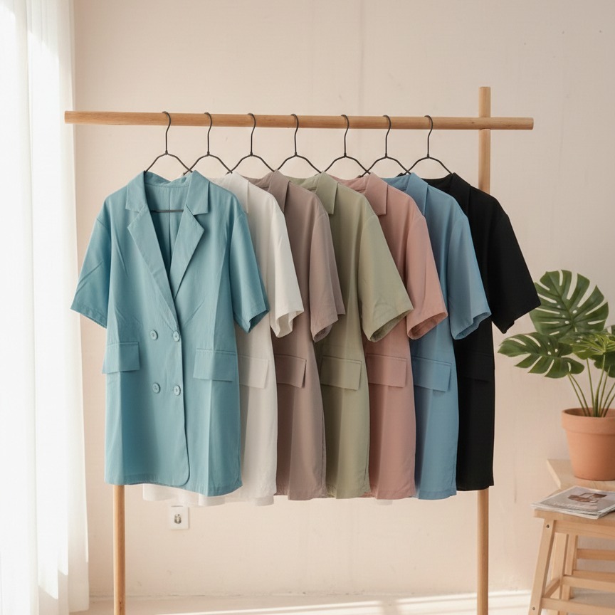 Blazer Wanita Korea Style JB #1  Bahan Katun Size XL Outfit Kantor Kekinian Modern Lengan Pendek Cas