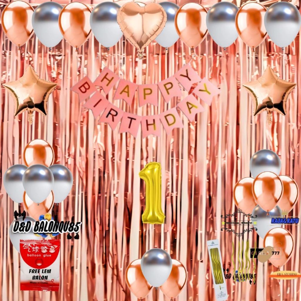 Paket Set Dekorasi Ulang Tahun Anak Balon Rosegold Mix Silver Tirai Foil Rosegold Ultah Party