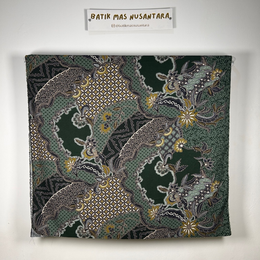Kain Batik Dobi / Dobby Motif Parang Kawung Flora Warna Emerald Green / Hijau Tua Army ( Per Meter )