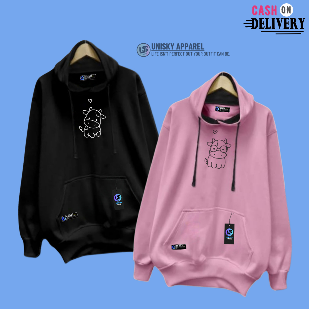 Sweater Hoodie Keren Fleece Tebal Pria Wanita (ISI 2 PCS ) Switer Hudi Couple Mix Color Black-Pink N