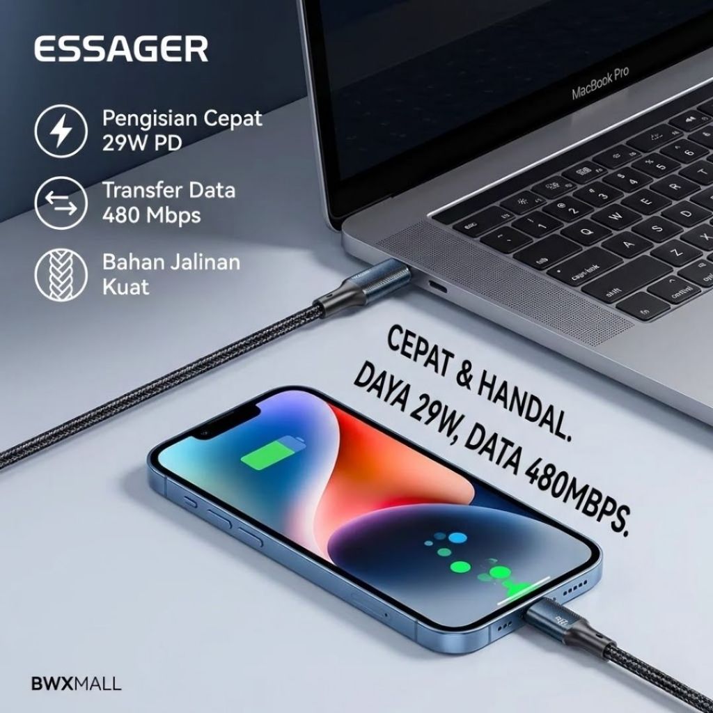Kabel Charger iPhone Type C to Lightning ESSAGER 29W PD Support Fast Charging Data Cable Cepat Penuh