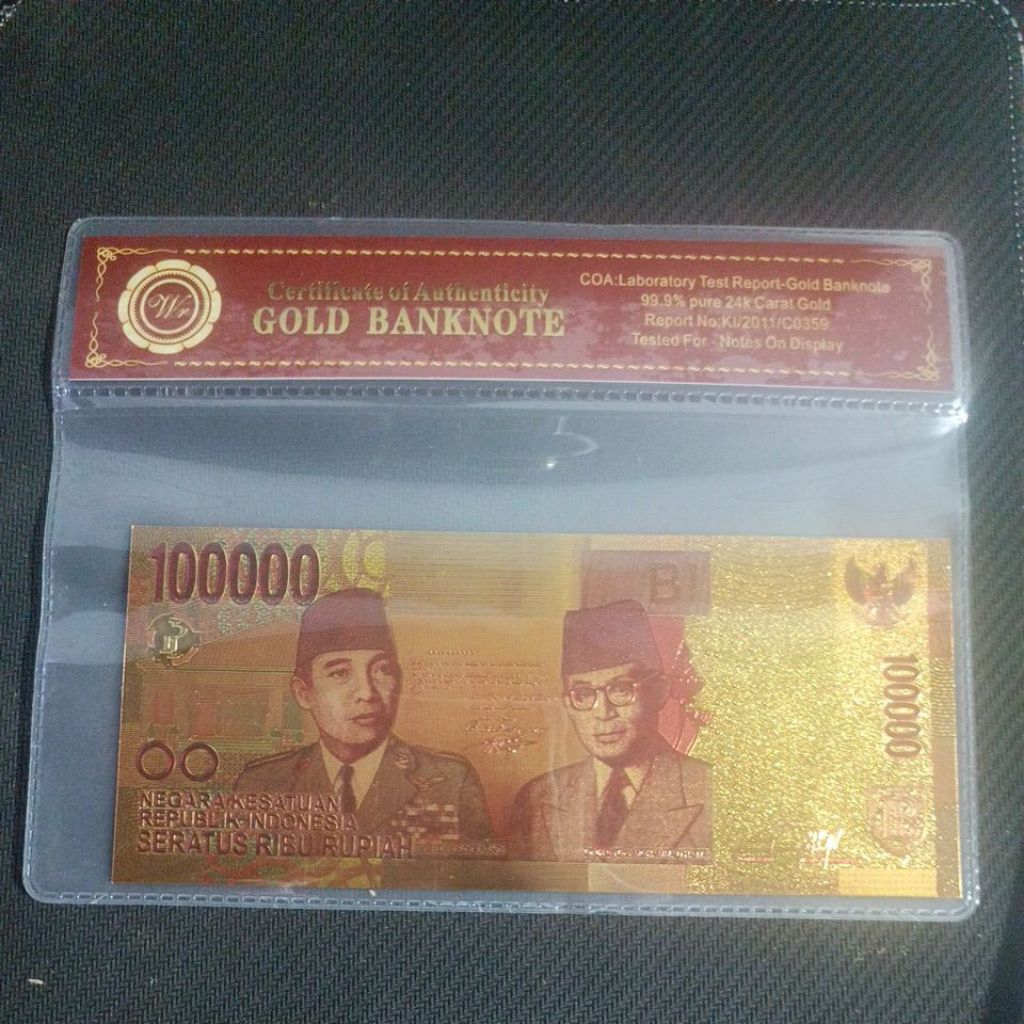 Souvenir Uang 100 Ribu RI Gold Foil Plus Folder