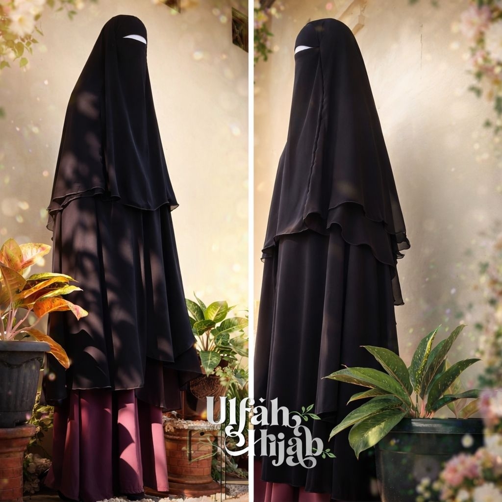 Jilbab Safar bagian Cadar Tanpa Lipit Full Silky Jilbab Safar Ritz Jetblack / Jilbab Safar Non Lipit