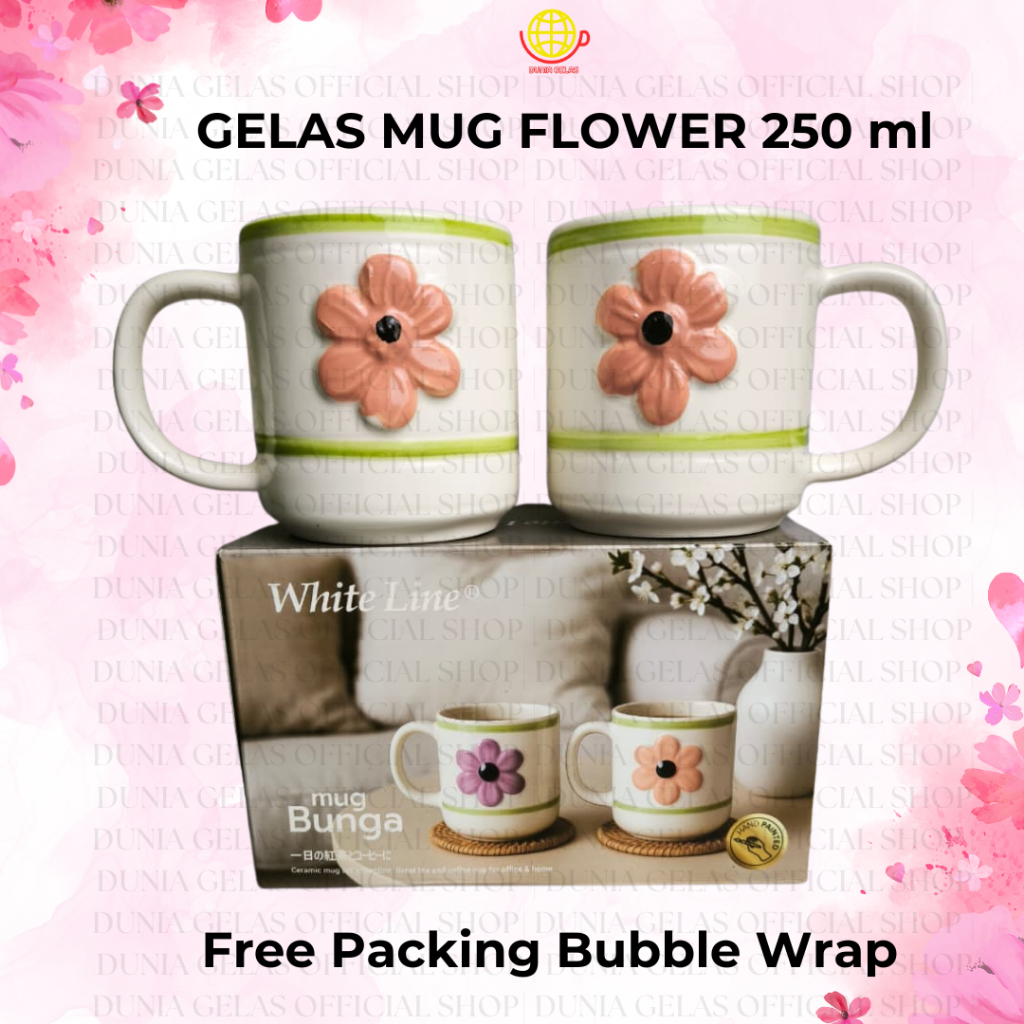 2 PCS Mug Keramik Bunga Whiteline 250ml 250ml - Mug Set Flower 250 ml / Gelas Kado / Gelas Suvenir /