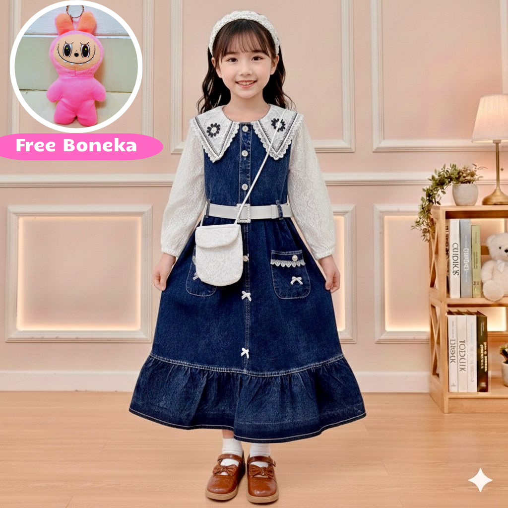 Gamis Jeans Mix Brokat Import Anak Perempuan Usia 3 - 10 Tahun Terlaris Fashion Anak Viral Terbaru