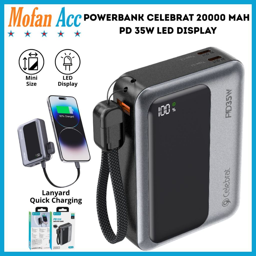 Power Bank Celebrat 20000 mAh 35W+22.5W Dual Output USB+Type-C Fast Charging High Quality