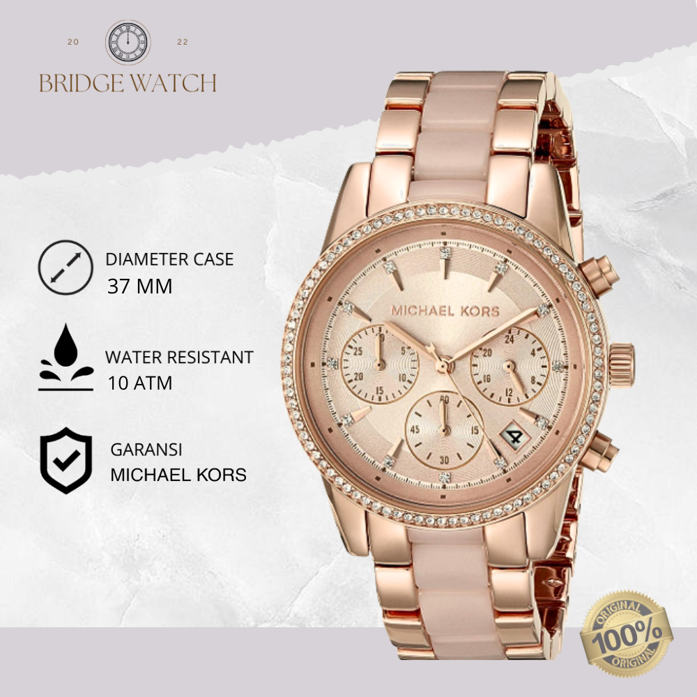 Jam Tangan Wanita Michael Kors MK6307 Chronograph Rosegold Stainless Steel Mewah Original
