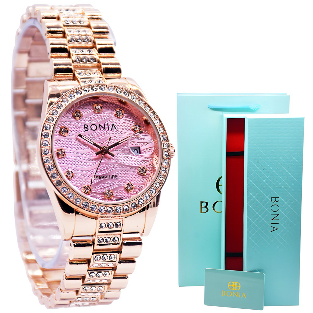 ( INCLUDE BOX IMPORT + KARTU + BAG ) JAM TANGAN TERBARU WANITA BONIA SUPER DIAMOND DATE AKTIF RANTAI