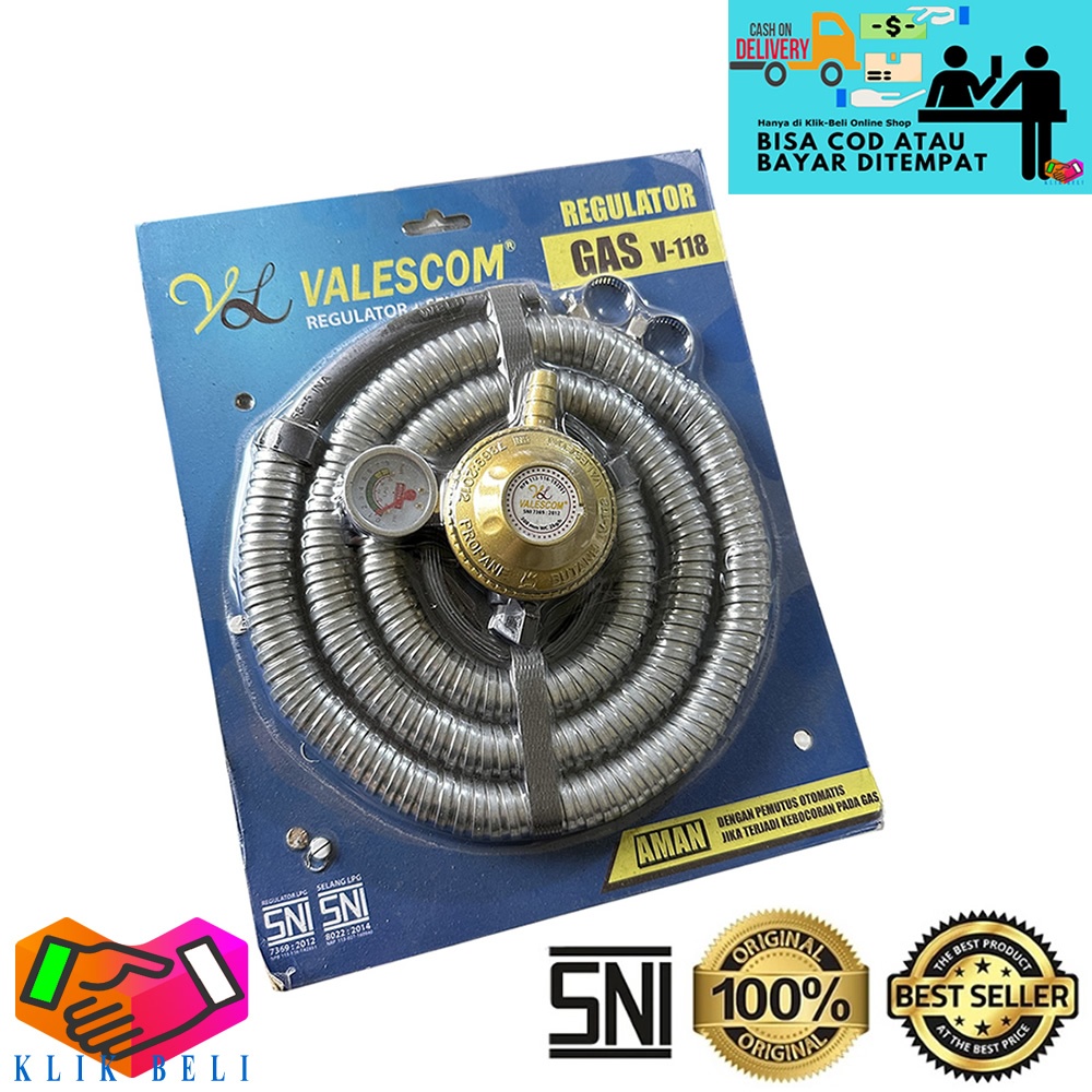 Paket Selang Gas Dan Regulator Valescom SNI V-118 Selang Gas Regulator Meter Tekanan Panjang 1,8 Met