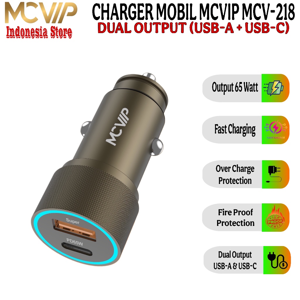 MCVIP Car Charger Mobil 65W Dual Output USB-A + USB-C Fast Charging Power Delivery 65 Watt
