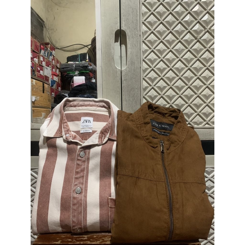ORIGINAL DENIM JEANS ZARA JACKET ZIPPER OVERSHIRT SUEDE STRIPE BROWN
