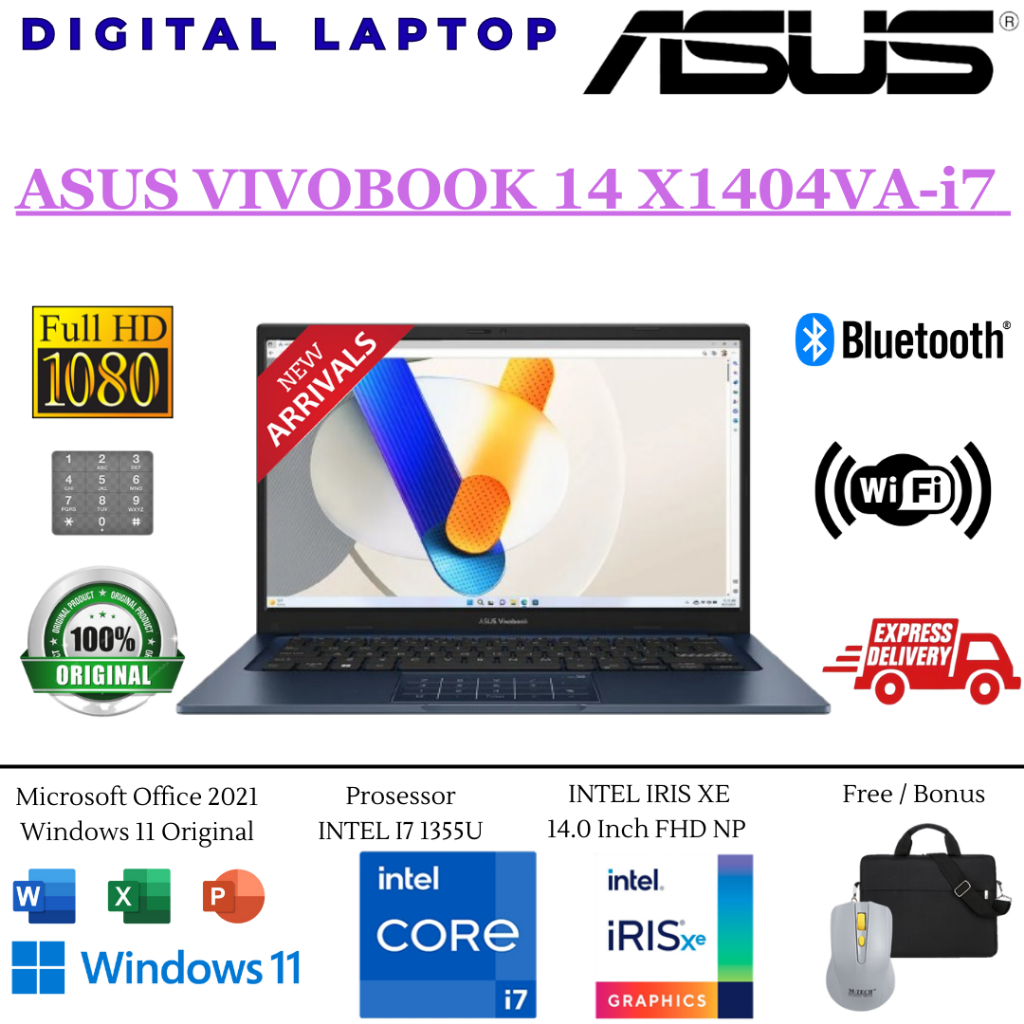 Laptop ASUS VivoBook 14 X1404VA Intel i7 1355U RAM 16GB/1TB SSD FHD NumPad W11 - Laptop Baru