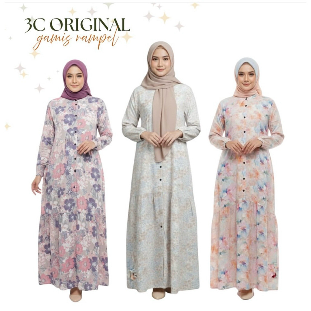 3C Original Gamis motif polos wanita 3 C rayon twill Long dress polos wanita kancing depan busui len
