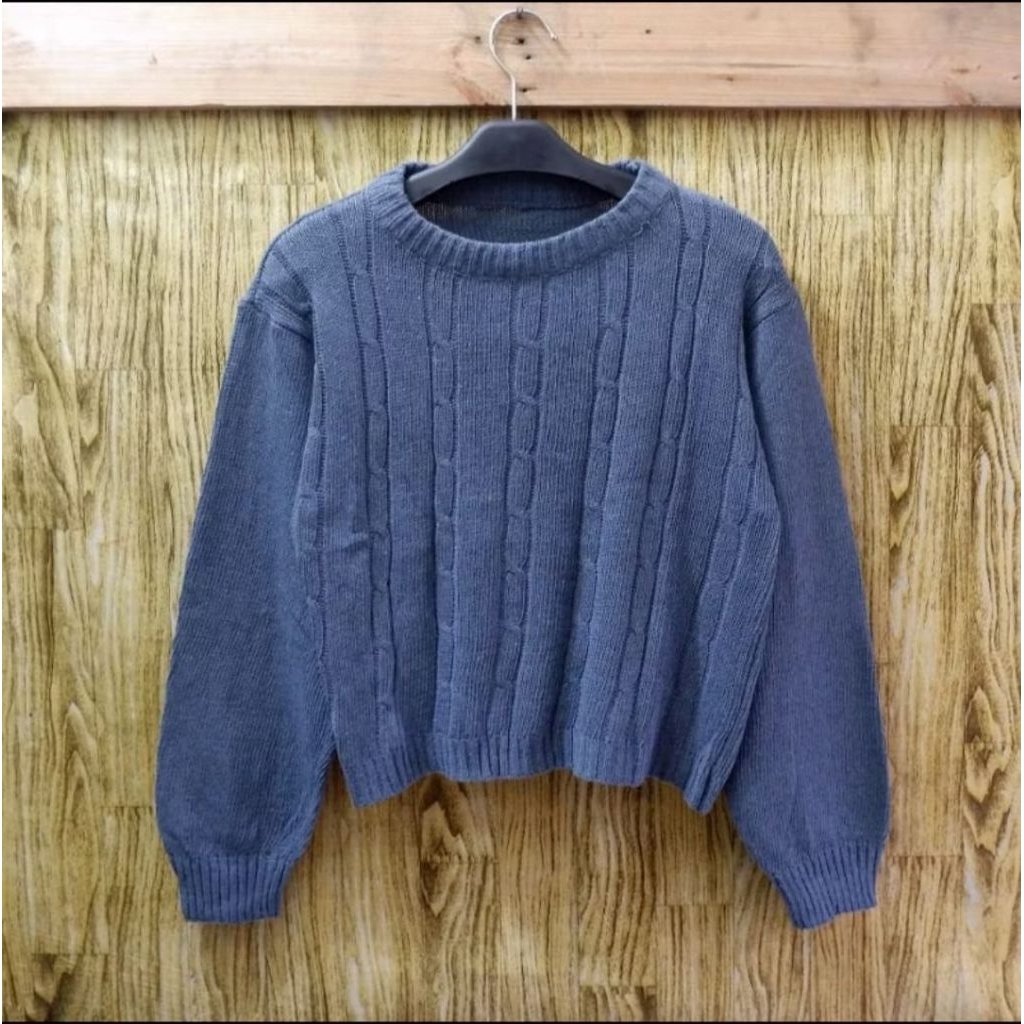 Hana Motif Cable Sweater Rajut Wanita Crop Baju Rajut Atasan Wanita Korean Styl