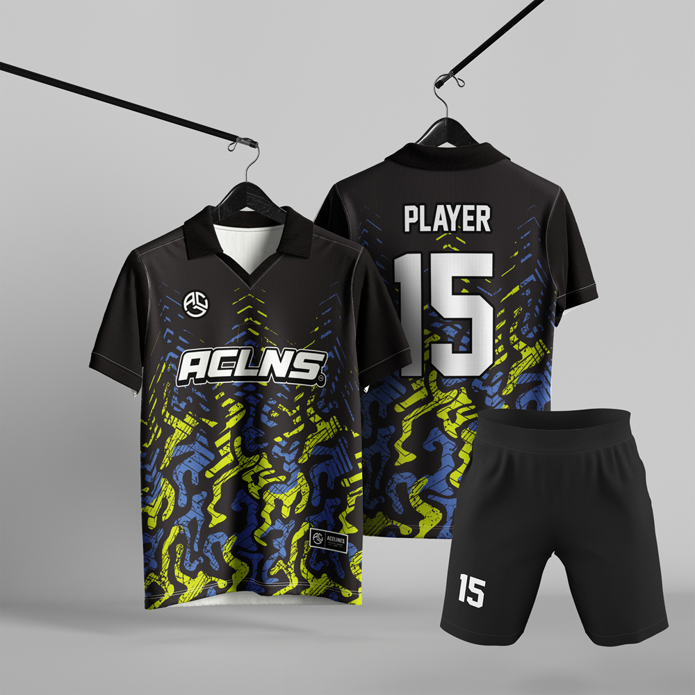 Setelan Jersey Futsal Tim Unisex Hitam Motif Abstrak Kuning Biru Berkerah