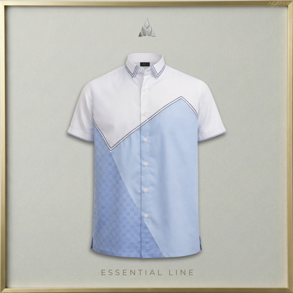 AGAM ESSENTIAL – Kemeja Pria Lengan Pendek Putih Biru Semi-Formal Cotton Blend Aksen Diagonal – Stru