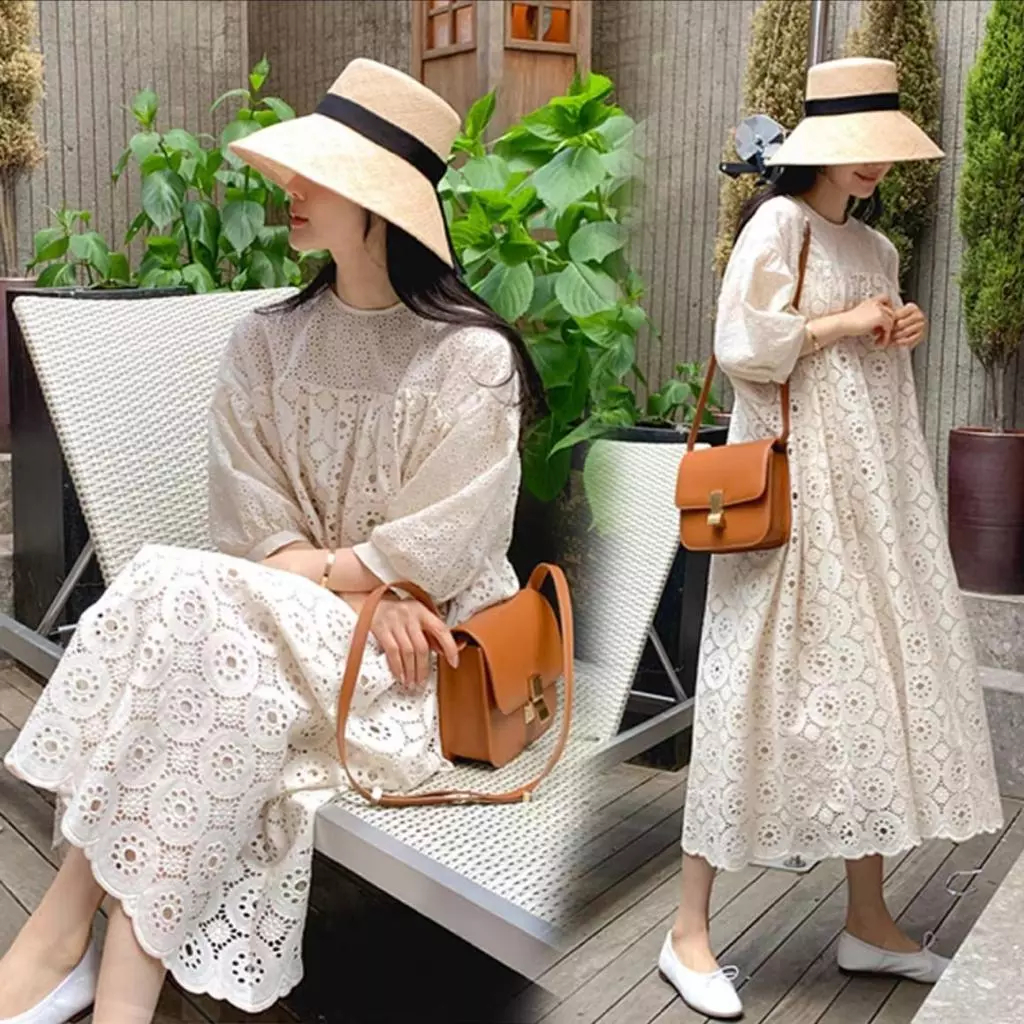 Dress Wanita Brokat Katun Long Dress Korea Oversize Lengan 3/4 Casual Elegan Import | Dress Daily Li