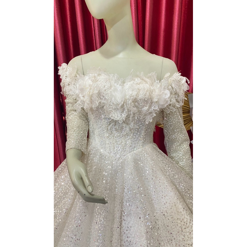 Gaun Pengantin Lengan panjang Sabrina putih bersih 86