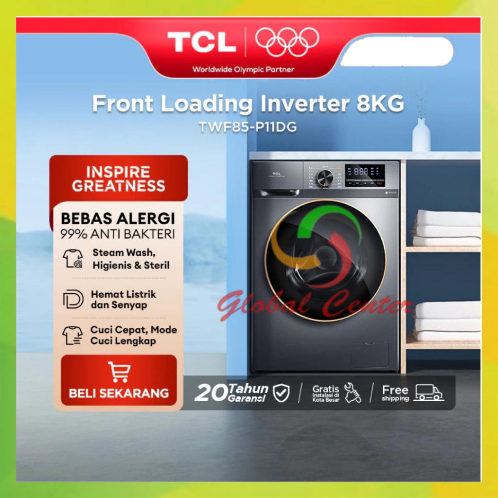 TCL Mesin Cuci Front Loading Inverter 8 KG TWF85-P11DG - GARANSI RESMI