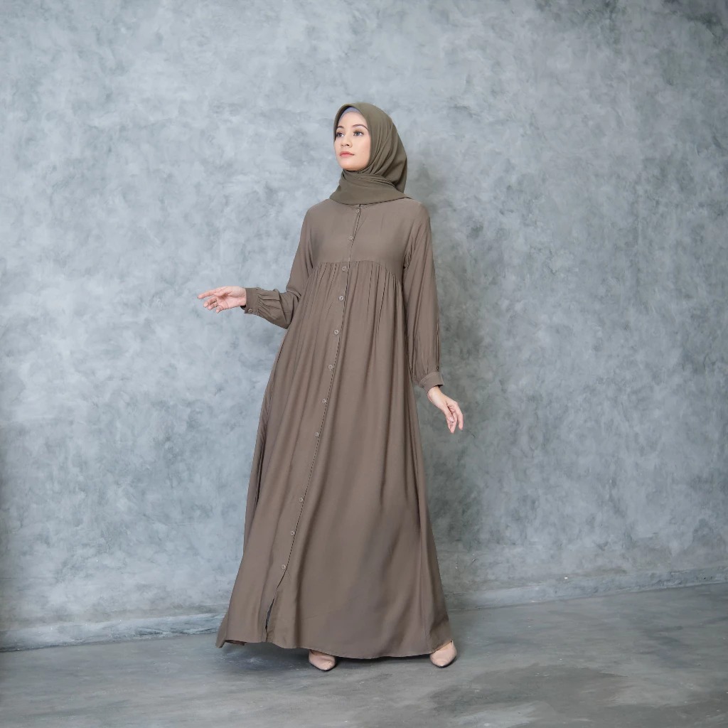 Gamis Full Kancing Rayon Twill Gamis Polos Premium Muslim Wanita Gamis Lengan Kancing