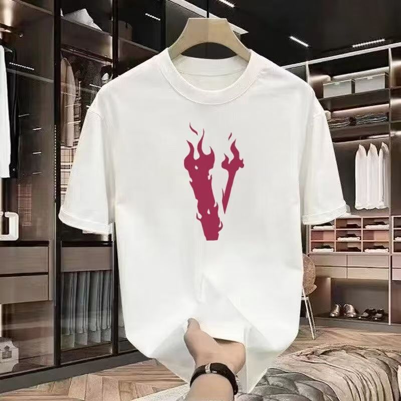 Kaos Santai Streetwear Pria Putih Katun Desain V Api Sederhana & Elegan