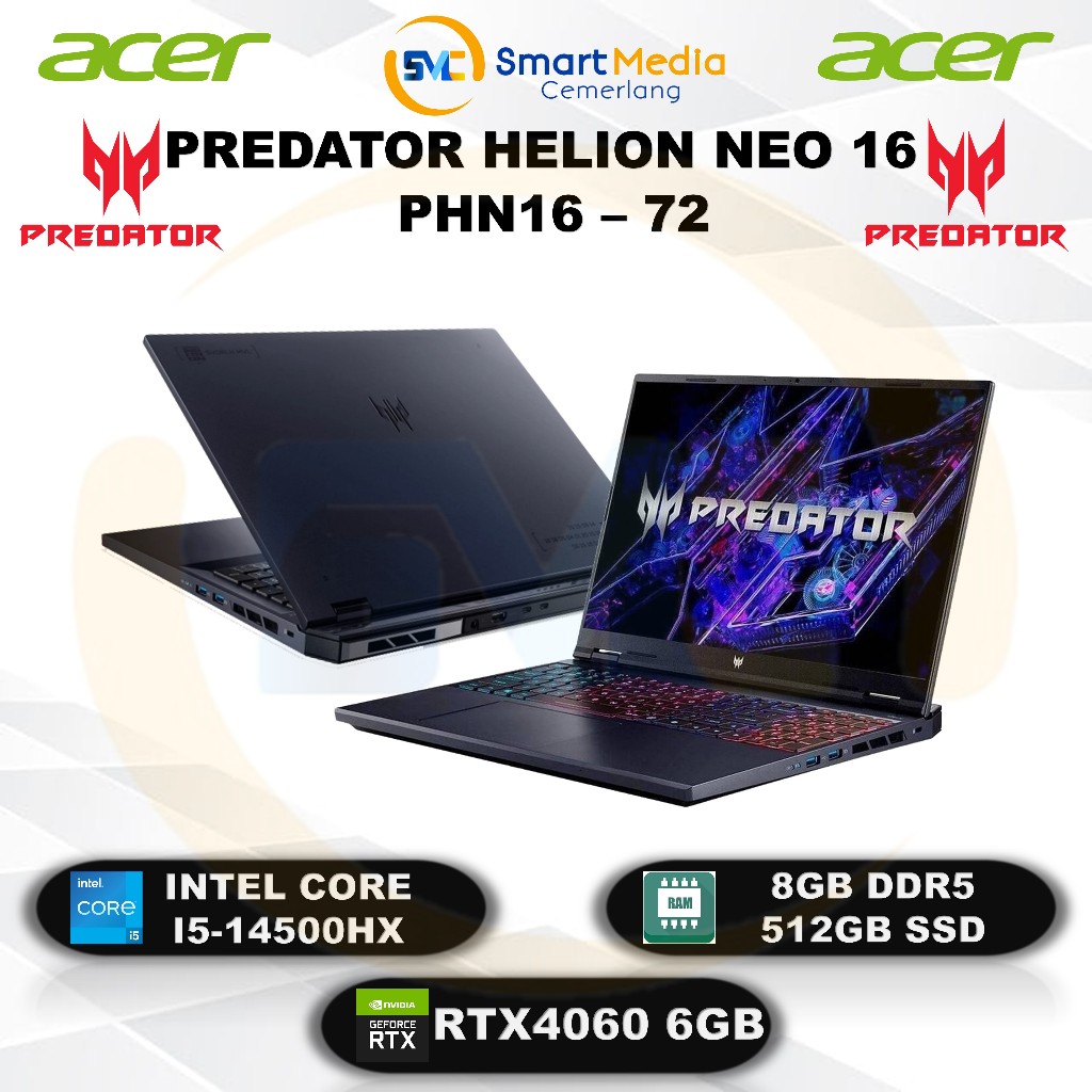 ACER Predator Helios Neo 16 PHN16 - Intel i5-14500HX - 8GB - 512GB - RTX4060 8GB - W11 - Office