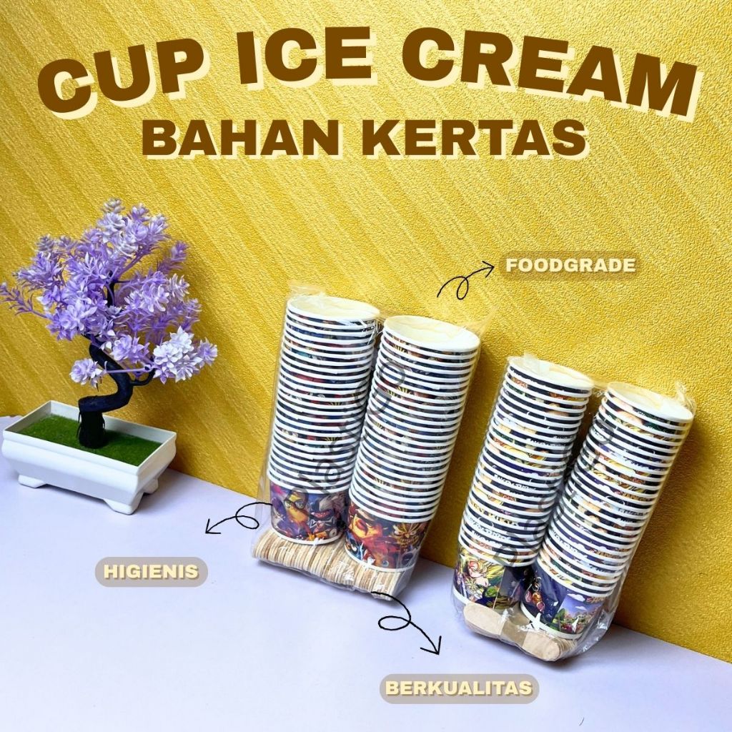[Isi 50 Pcs] Cup Ice Cream Kertas + Sendok - Wadah Es Krim Paper Cup - 60ml 100ml