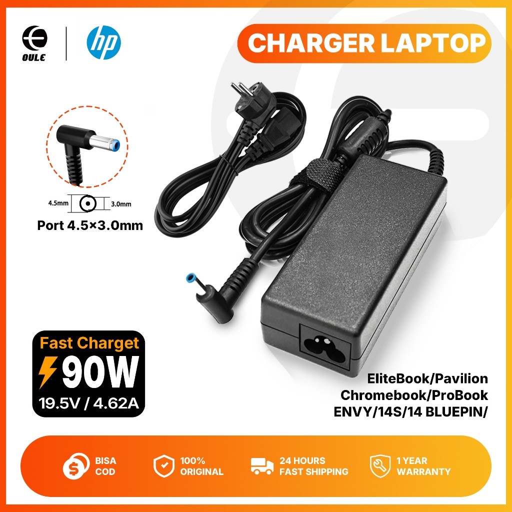 ORIGINAL Adaptor Charger Laptop HP Original 4.5x3.0mm Blue Pin Port 90W Charger Untuk HP Chromebook 