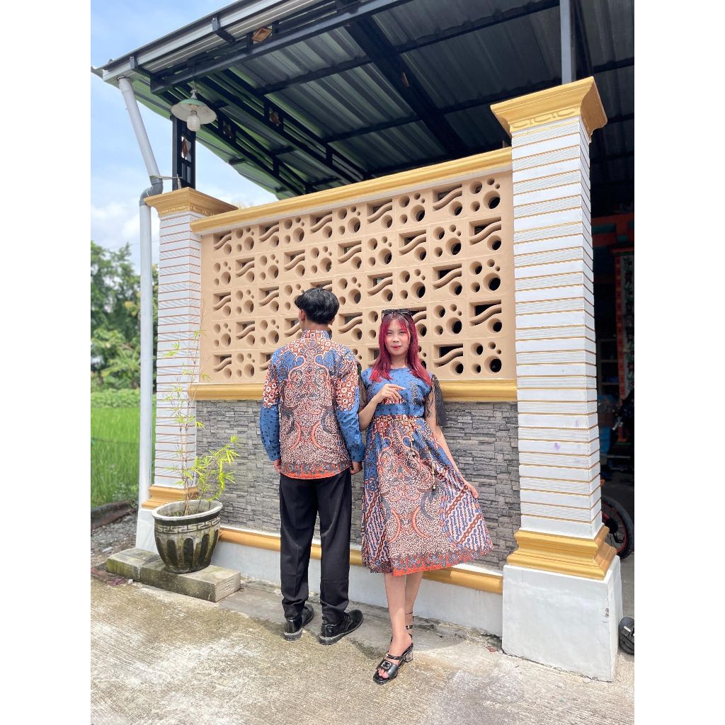 Couple Batik Putra Putri Motif Puspita Langit Warna Biru  Couple Kemeja Batik Couple Dress Batik Cou