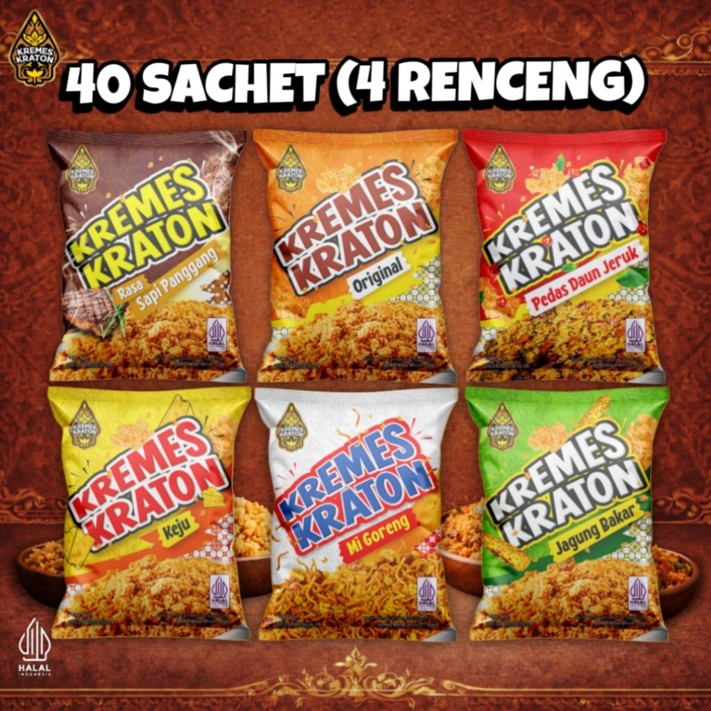 (40 Sachet) Kremes Kraton Sachet 16g - 4 Renceng Original, Pedas Daun Jeruk, Keju, Jagung Bakar, Sap