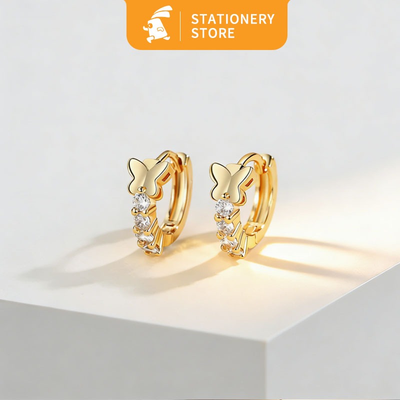 Anting Hoop Titanium Korea Panjang Anting Kupu Kupu Anti Karat Lapis Emas Anting Wanita