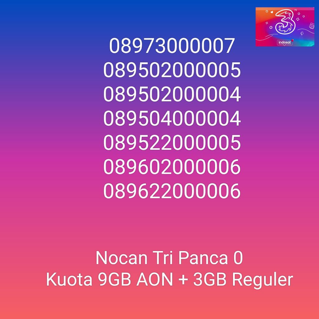 NOCAN Nomor Cantik Panca 0 Tengah Kartu Perdana 3 Tri Three 4G LTE Kuota 3GB REGULER