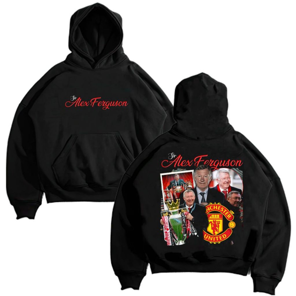 Psycho Crucify "Sir Alex Ferguson" Hoodie Boxy Black Oversize | Hitam | Jaket | Hoodie Band | Hoodie