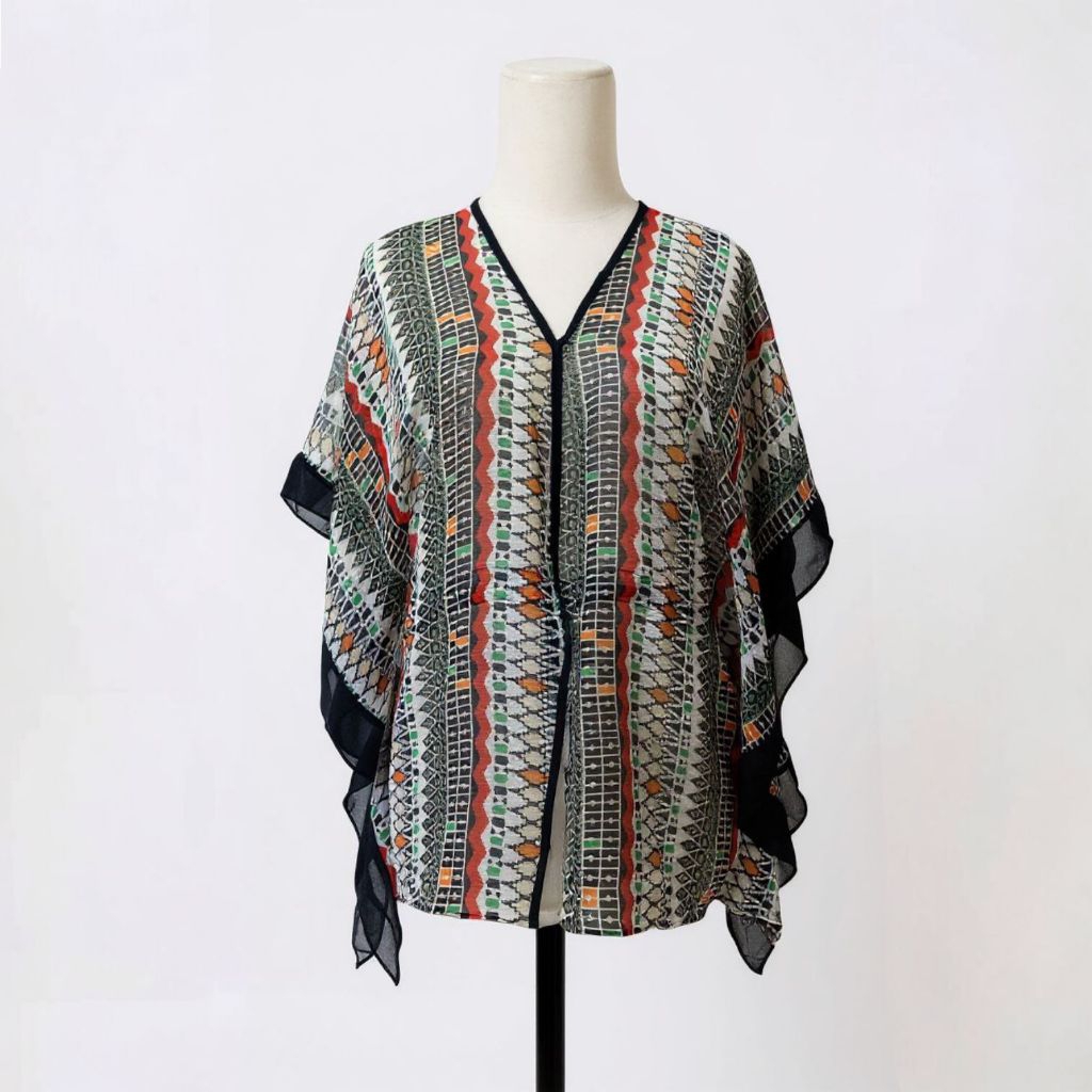 Outer Wanita Motif Etnik Geometris - Cardigan Batwing Bahan Terawang