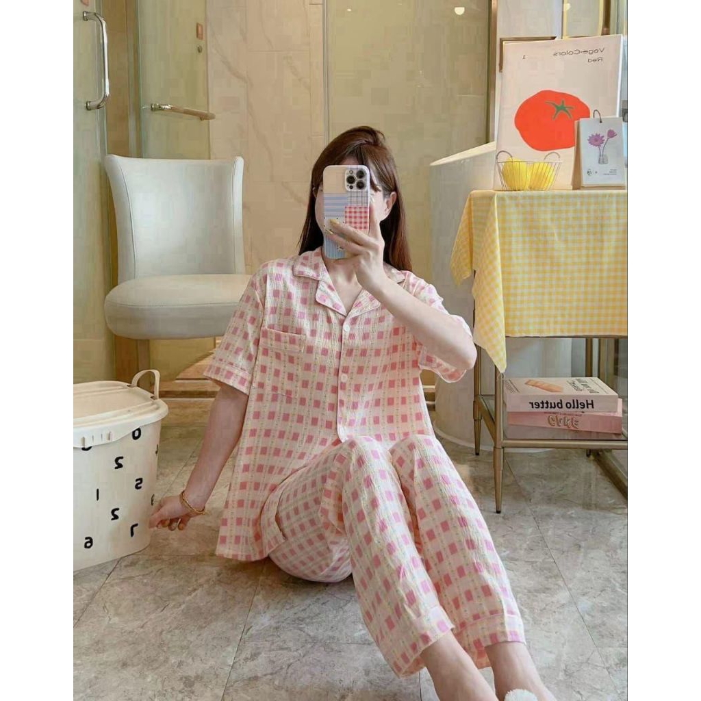 Set Babydoll Piyama Baju Tidur Lengan Pendek Celana Panjang Model Krah Segitiga Rempel Kotak-kotak