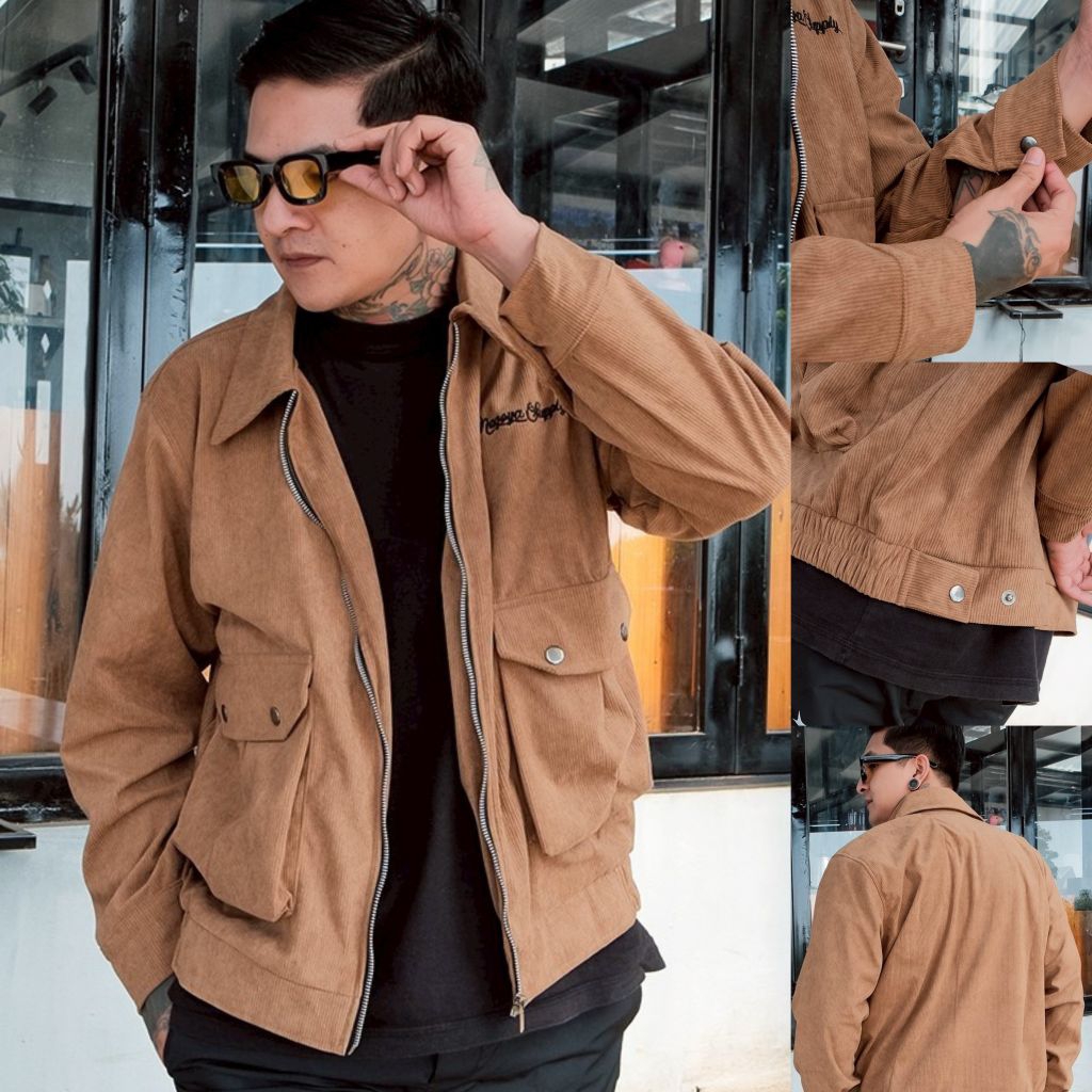 Jaket Pria - Jaket Corduroy Jaket Sherpa Plaid Kotak - Kotak Polar Indigo - Jaket  Cowok - Jaket She