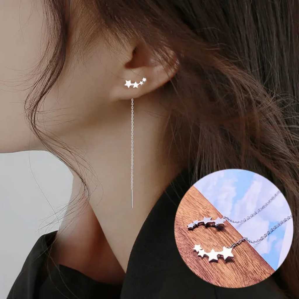 Anting Wanita Titanium Star Chain | Anting Bintang Panjang Elegan Anti Karat