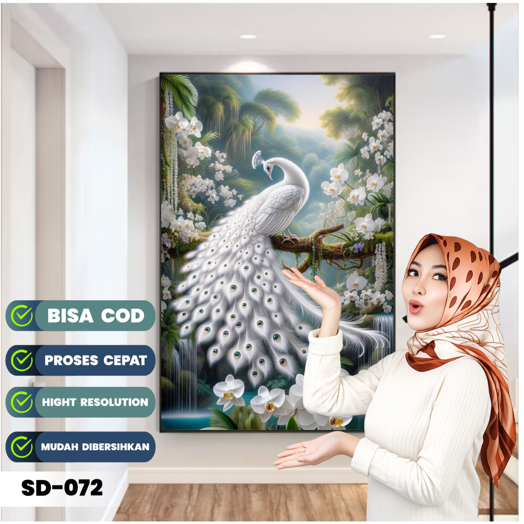 Hiasan Dinding Lukisan Cetak Merak Putih / Stiker Wallpaper Dinding Bahan Viynl Tebal/Stiker Ruang T