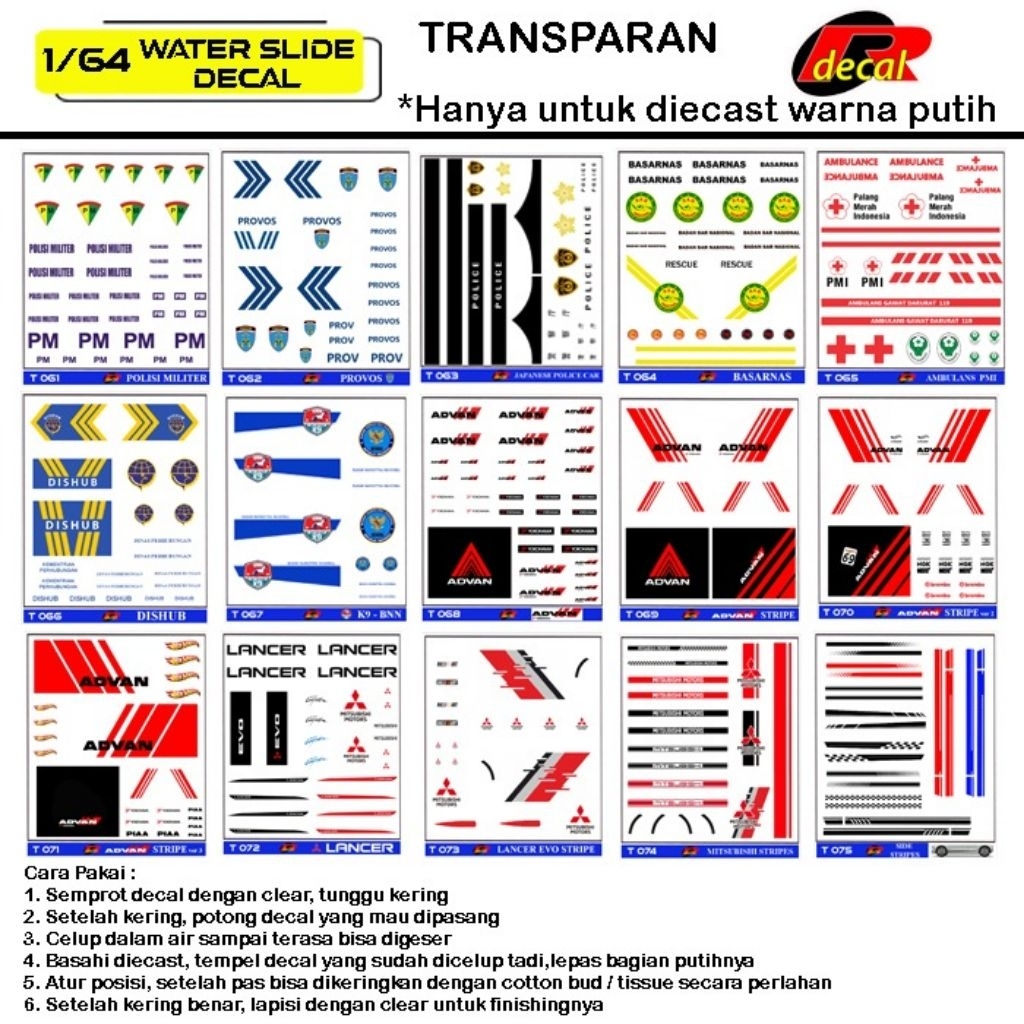 Decal Hotwheels Transparan Polisi Militer,PMI,Dishub,Advan,Evo