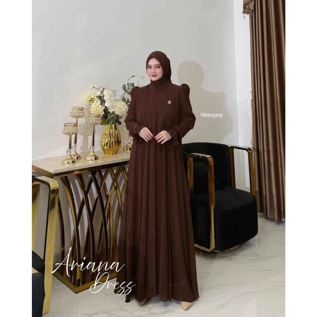 Ariana Dress Bahan Ceruty Lengan Balon Pesta Mewah Gamis Lebaran Wanita Terbaru 2026 Polos Kekinian