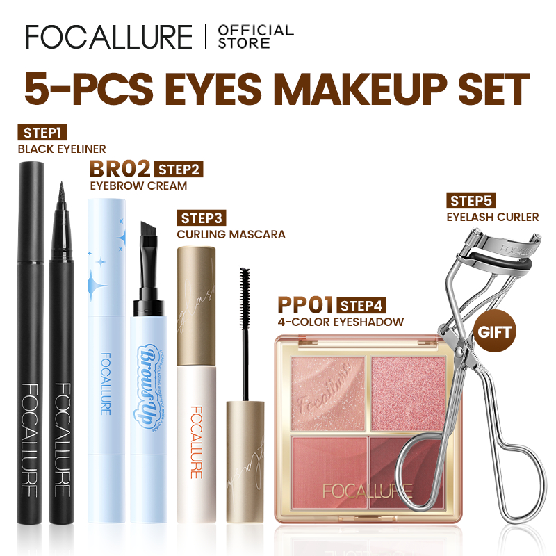 FOCALLURE 5PCS Eyes Makeup Set Eyeliner Eyebrow Mascara Eyeshadow Eyelash Curler
