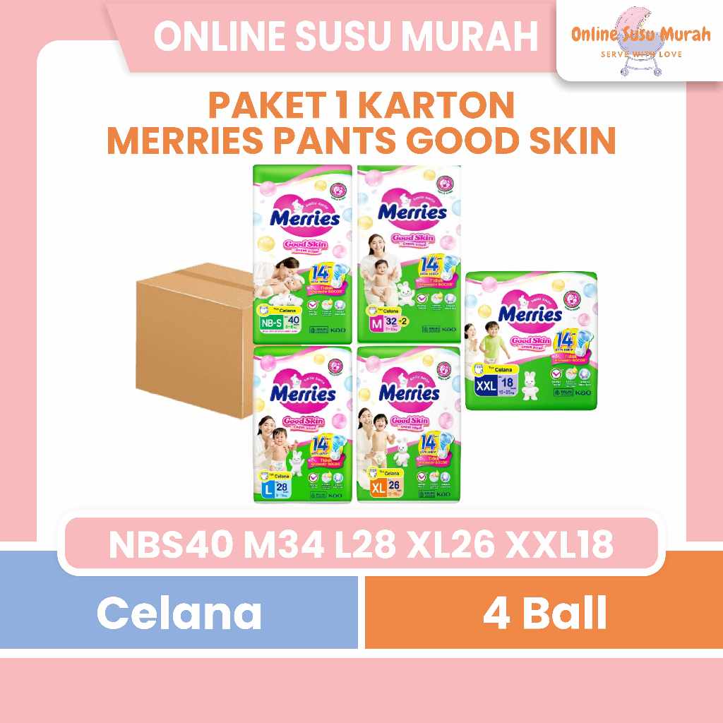MERRIES PANTS GOOD SKIN PAKET 4 BALL / 1 KARTON NB-S40 M32 L28 XL26 XXL18 PPKS