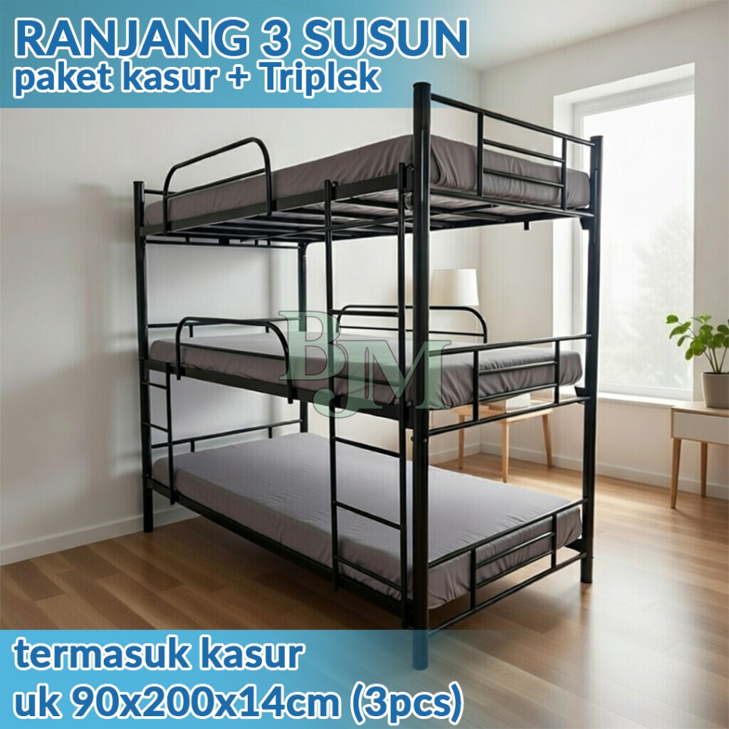 RANJANG 3 SUSUN & KASUR + TRIPLEK RANJANG TINGKAT RANJANG 3 SUSUN RANJANG BESI BUNKBED