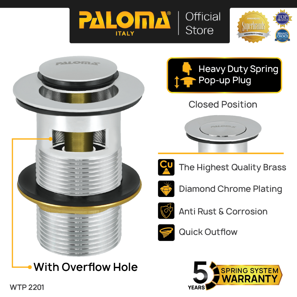 PALOMA WTP 2201 Afur Wastafel Kepala Sifon Pop Up Waste Avur Washtafel Brass Kuningan Chrome Krom