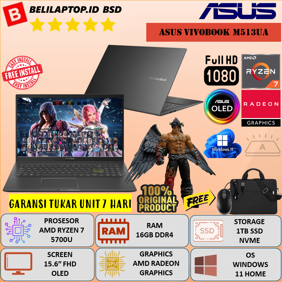 Laptop Gaming Murah Asus Vivobook M513UA Amd Ryzen 7 5700U Ram 16GB DDR4 1TB SSD 15.6" FHD OLED Wind