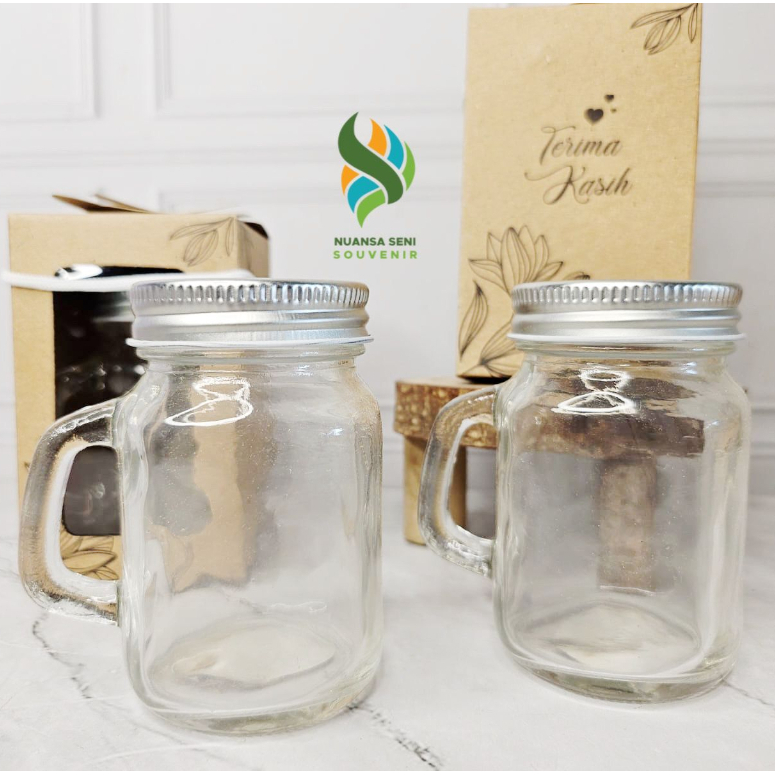 Souvenir Gelas Minum Mug Jar Drinking Jar Kaca Motif Gelas Coklat Gagang Kaca Tutup Kaleng Alumunium