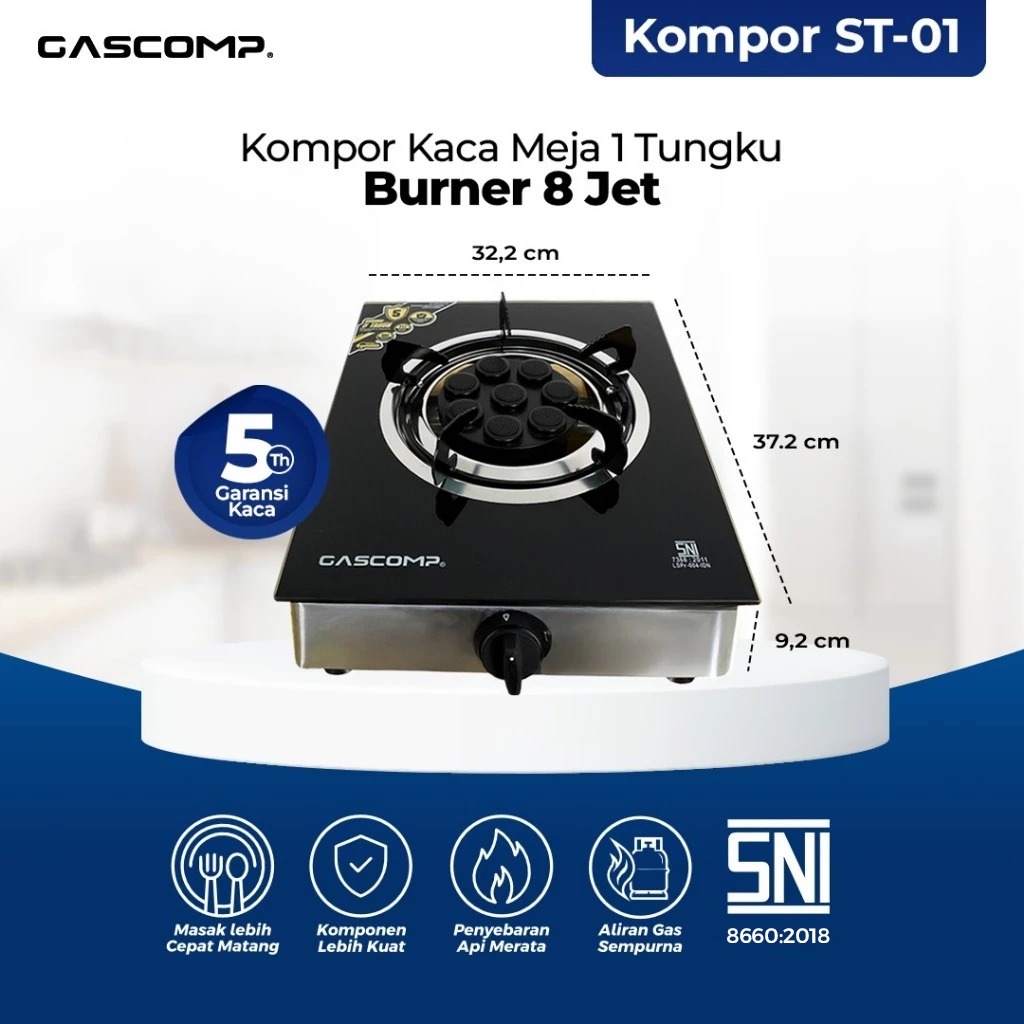 GASCOMP Kompor Gas Meja 8 Jet ST01 | Api Bara Besar Hemat Gas | Kompor 1 Tungku Masak & Panggang Cep