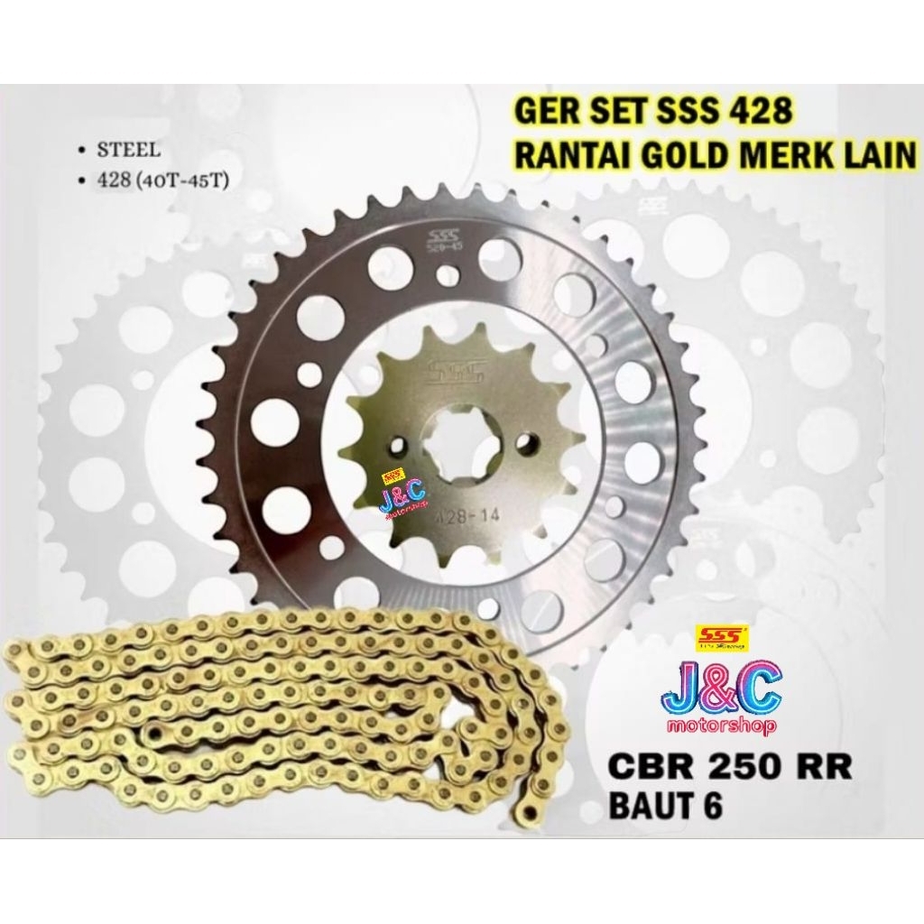 gear gir SSS 428 rantai gold Cb150r/Cbr 150 new  baut gir belakang lubang 6
